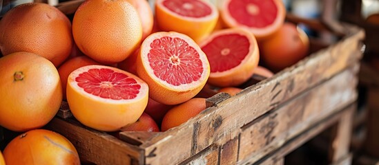 Ruby red grapefruits in a wooden crate.
