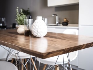 modern wooden kitchen table close-up with white ceramic vases on a blurred kitchen background,