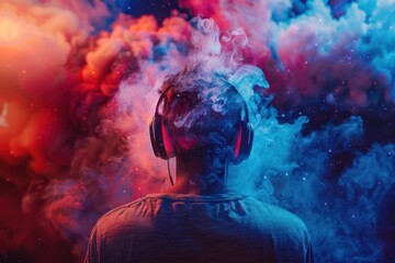 the back of a man wearing big headphones Against the backdrop of various colors. The concept of hearing and sound imagination. 