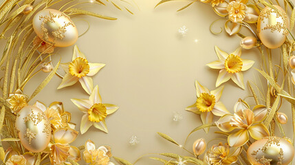 Refined Design with Stylized 3D Gold Easter Eggs and Narcissus Flowers, Stylized Blades of Grass in Gold Creating an Exclusive Frame. Clipart with Large Space for Text.