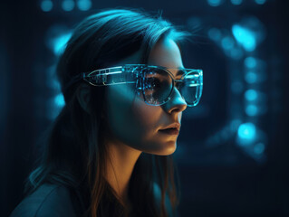 beautiful girl in augmented reality glasses, gamer, artificial intelligence, neural networks