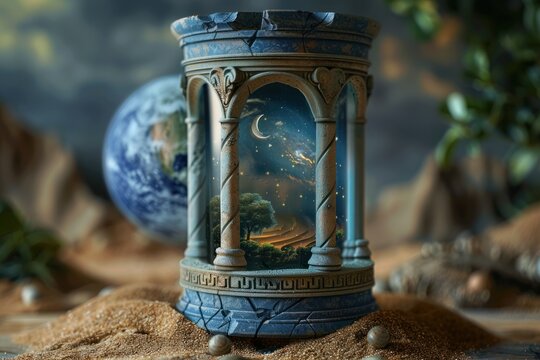 Beautiful hourglass Reflects the image of the inner world, the concept of the world's time decreasing.