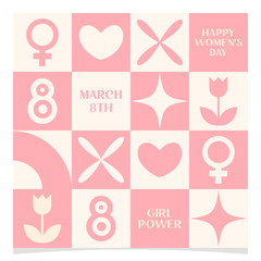 Greeting card for Women’s Day. Trendy colorful vector template with geometric elements.