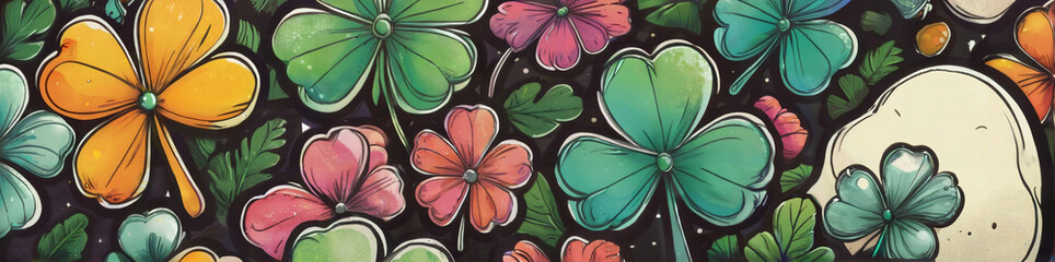 Illustration of lucky colorful clovers st patrick's 4 leaf clover horizontal banner - obrazy, fototapety, plakaty