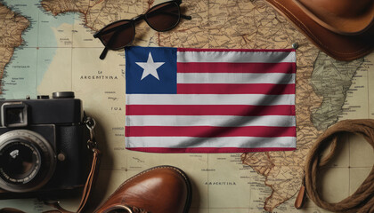 Liberia flag lies on the map surrounded by camera, glasses, travel and tourism concept