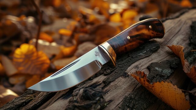 Handmade hunting knife with polished blade. AI generative.