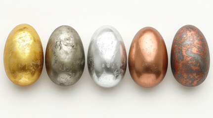Colorful Easter eggs made of non-ferrous metals on a light background,Generated by AI - obrazy, fototapety, plakaty