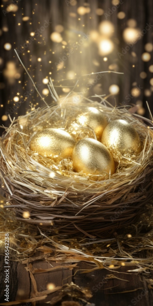 Poster golden eggs in nest with golden light. generative ai.