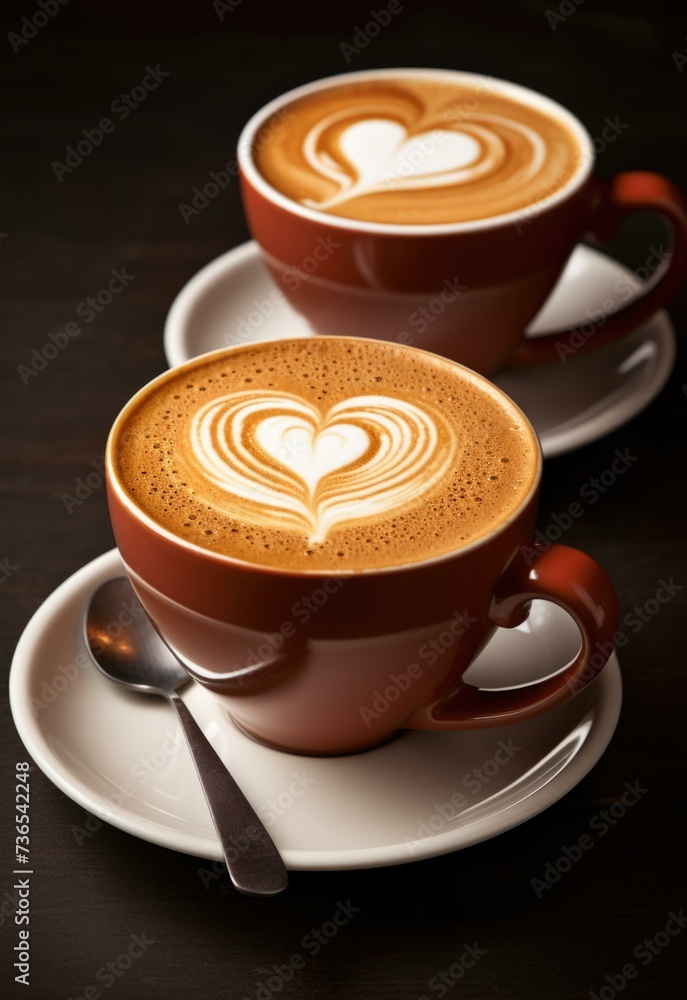Poster two cups of coffee with heart-shaped latte art on a dark background. generative ai.