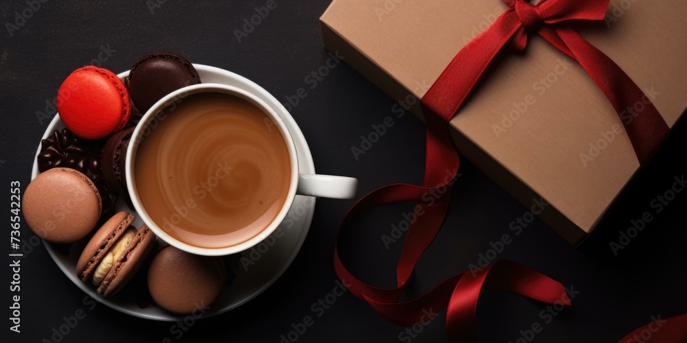 Poster coffee and macaroons on a black background with red ribbon. generative ai.