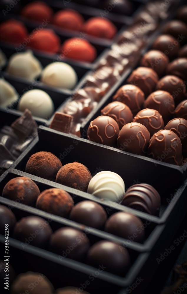 Poster a tray of chocolates with different colors. generative ai.
