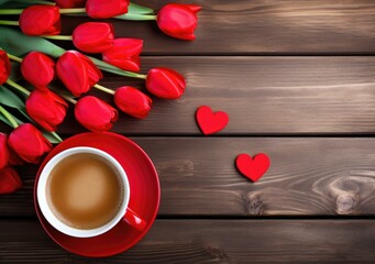 Fototapeta na wymiar Cup of coffee and red tulips on wooden table with hearts. Generative AI.