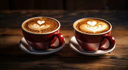 Two cups of coffee with heart shaped latte art on wooden table. Generative AI.
