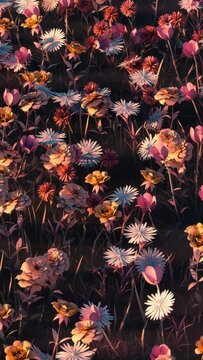 3D animation - Looped animated background of colorful flowers moved by the wind at sunset in vertical composition format
