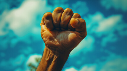 Raised fist against a blue sky, representing strength, unity, and social justice. Perfect for campaigns, empowerment content, and motivational social media posts.
