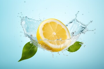 Fresh juicy lemon in splashes of water on a blue background
