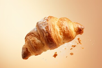 Fresh delicious levitating croissant and crumbs.