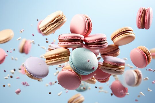 Macaron cake with crumbs on a blue and pink background. Levitating dessert.