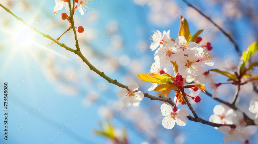 Poster spring flowers on a tree branch with the sun shining. generative ai.