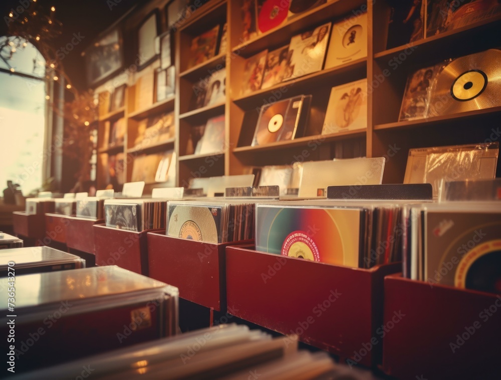 Poster a record store with many records on shelves. generative ai.