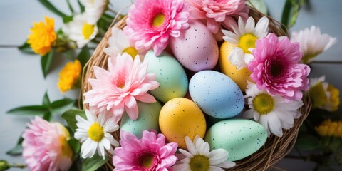 Fototapeta na wymiar Colorful easter eggs in a basket with daisies on a wooden background. Generative AI.
