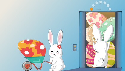 Cartoon Bunny rabbit and Easter Painted eggs hunt falls out from elevator. Original pattern ornament decoration greeting banner, web, card, wallpaper, layout, template