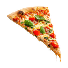 Pizza slices isolated on a white or transparent background. Falling pizza slices, crumbs and ingredients scatter to the sides, and cheese drips down. Design element, food photography.