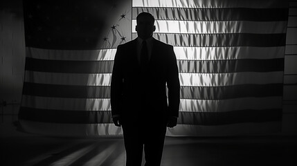Silhouetted businessman against American flag, perfect for patriotic event promotions or political campaign materials