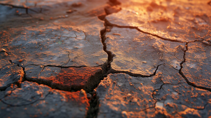 Cracked earth at sunset, perfect for environmental awareness campaigns and climate change education