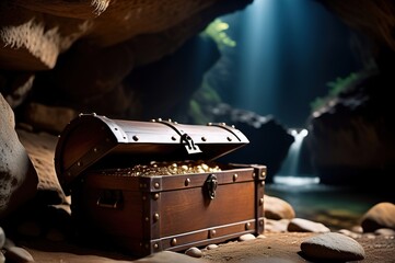 Pirate treasure in an ancient chest, hidden in a cave.