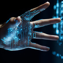 hand with neon code cyberfuture 