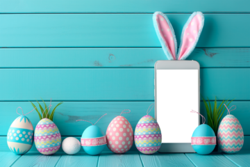 Smartphone com tela em png e fundo fotografico de pascoa com cenário colorido 