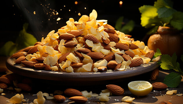 Freshness and nature on a wooden table, gourmet almond dessert generated by AI