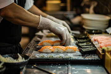A sushi chef preparing salmon nigiri close-up