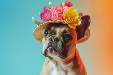 A stylish dog of a particular breed proudly wears a floral hat atop its collar, showcasing its unique personality and love for all things beautiful
