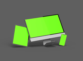 3D Render of smartphone tablet desktop with green screens on a dark background