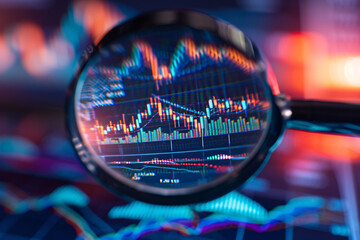 Stock market analysis, stock charts seen through a magnifying glass