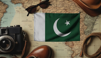Pakistan flag lies on the map surrounded by camera, glasses, travel and tourism concept