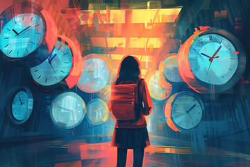Urgency concept, illustration of a woman standing in front of different clocks - obrazy, fototapety, plakaty
