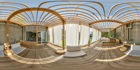 spherical 360 hdri panorama place for relaxation and yoga under roof of building  in...