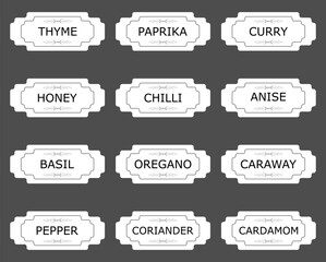 Collection of stickers or labels for jars with spices.Organization of the pantry space. A set of 12 vector stickers with names of spices. 