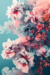 A vibrant bouquet of blooming flowers, each petal painted with delicate strokes, surrounded by wisps of swirling smoke, creating a dreamlike atmosphere