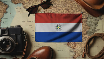Paraguay flag lies on the map surrounded by camera, glasses, travel and tourism concept