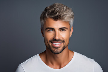 Obraz premium portrait of handsome young bearded man on grey background