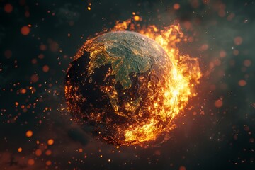 Earth globe collapse, burning, destroyed by fire. Conceptual illustration of global warming, caused by the excesses of the world of finance and industry - Generative AI - obrazy, fototapety, plakaty