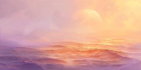 Fototapeta premium A majestic sunset casts vibrant hues over a vast ocean, shrouded in a dreamy fog while the sky transforms into a canvas of fiery clouds, creating a breathtaking outdoor landscape