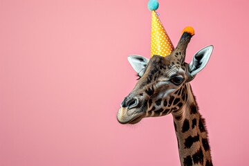 A majestic giraffe, adorned with a festive party hat, towers above the savannah with its long neck, embodying the grace and wonder of this beloved terrestrial mammal