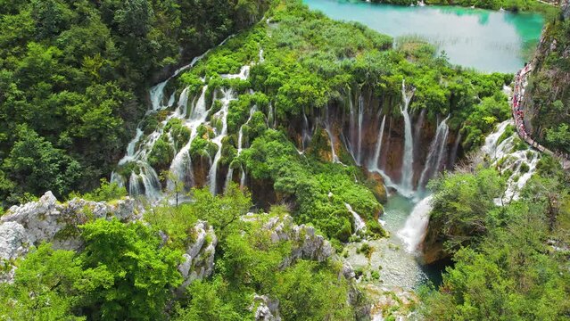 Popular tourist attraction Plitvice Lakes National Park in Croatia. Mountain landscape with streams of water and waterfalls.