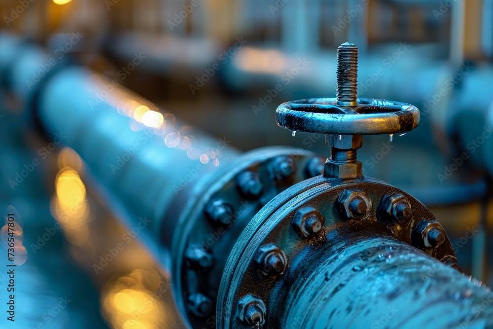 Poster close-up of a pipeline with a valve. the valve is open, and oil is flowing through the pipeline