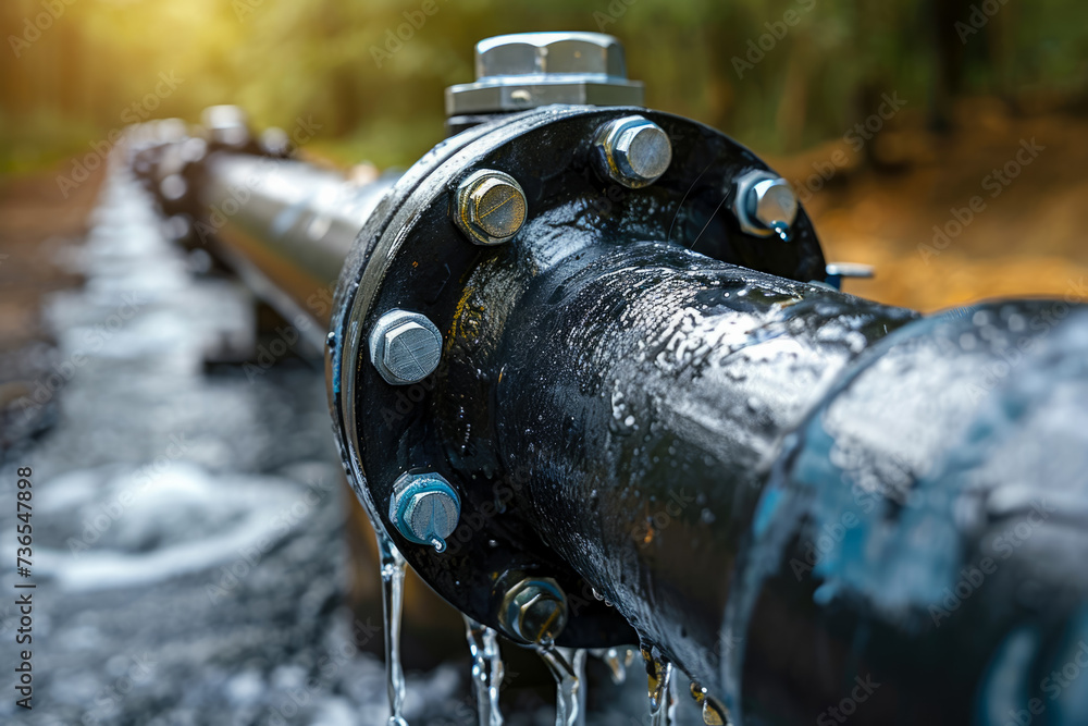 Poster close-up of a pipeline with a valve. the valve is open, and oil is flowing through the pipeline